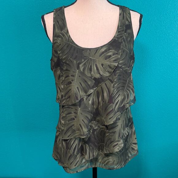 Michael Kors Green Botanical Layered Ruffle Round Neck Sleeveless Blouse Medium - Picture 12 of 12